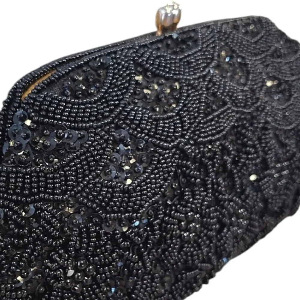 VTG 50s 60s Black Handmade Hong Kong‎ Beaded Sequins Kiss Lock Clutch